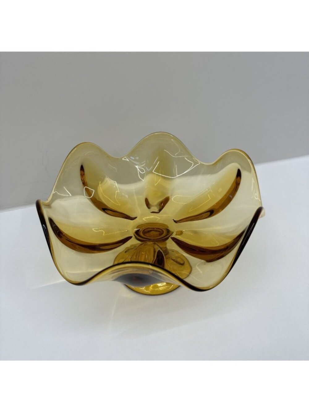 Amber Pedestal Glass Bowl Wavy Rim 11" Diameter Vintage Art Glass Centerpiece - Picture 2 of 7